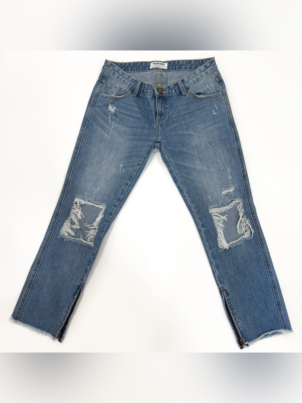 NWOT One Teaspoon Distressed Medium Washed Blue Cropped Straight Leg Jeans | 27